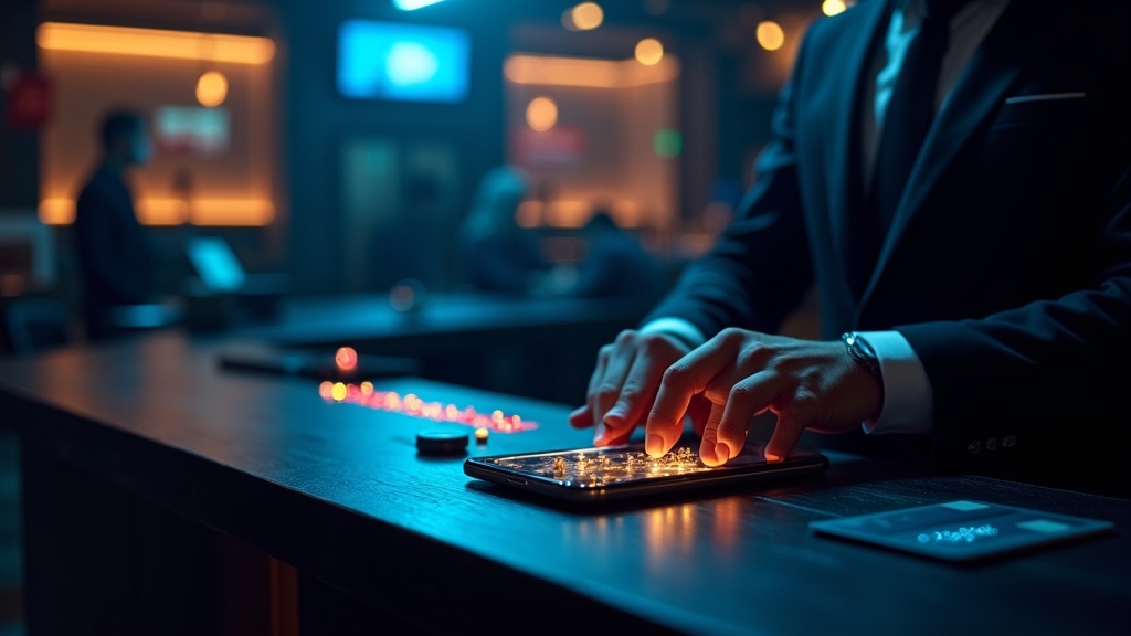 Mesa de depósito com cartão, telemóvel e confirmação de pagamento num casino escuro