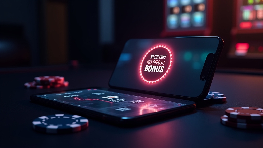Celular exibindo bônus sem depósito em ambiente de casino escuro